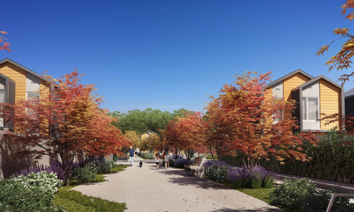 Proyecto Absalón Casas de Arboleda del Maipo, donde hay un pequeño paseo con árboles y personas caminando
