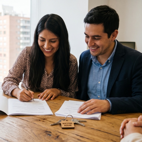 Pareja firmando documentos para comprar una vivienda
