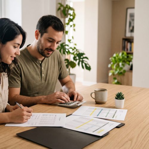 pareja de un hombre y una mujer sentados en una mesa sacando cuentas con calculadora